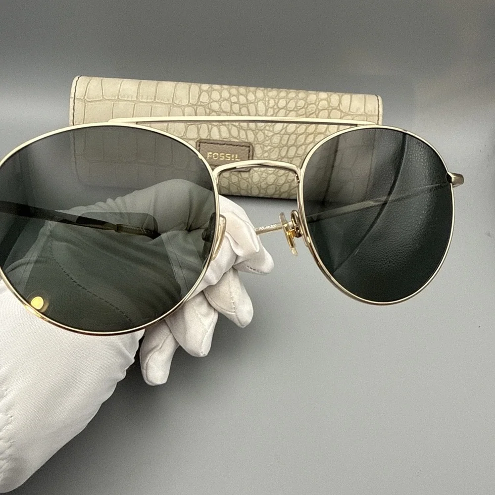 Fossil Authentic Sunglasses Gold Round Frames w/Green Polarized Lens with Case